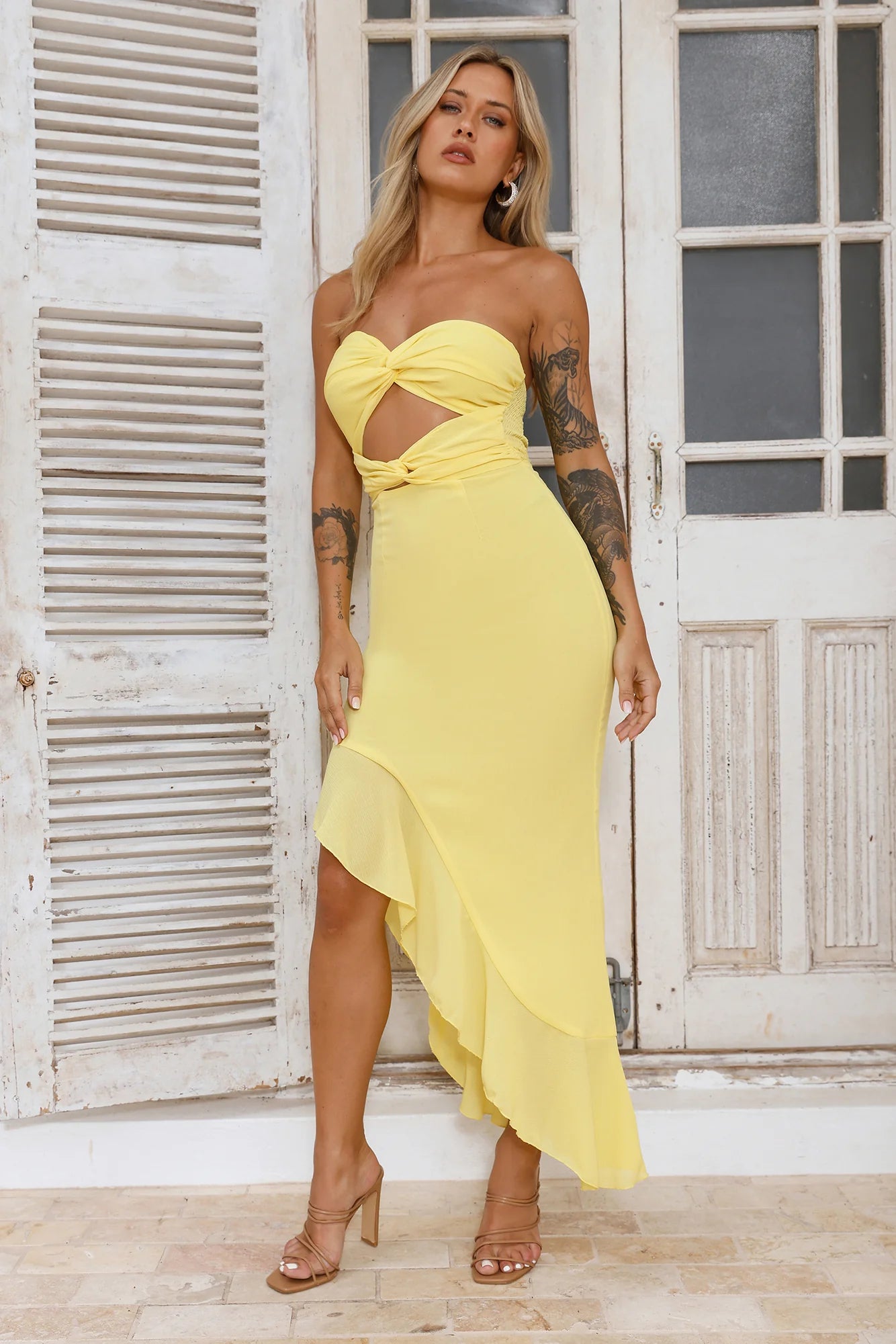 Supermodel Moment Strapless Midi Dress Yellow