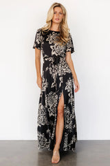 Agnes Satin Maxi Dress | Black + Cream Floral