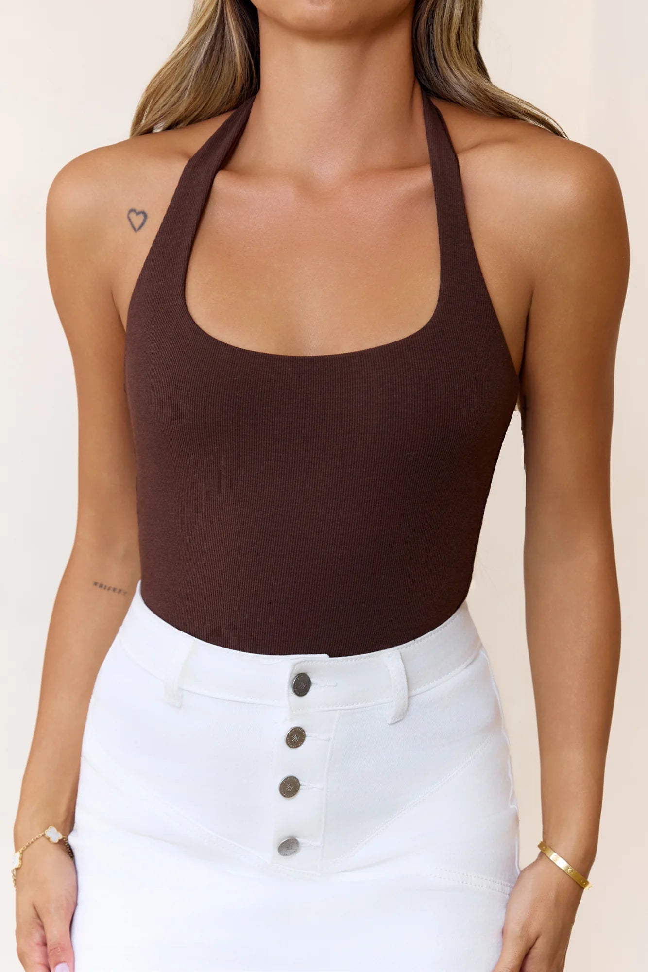 BASE Luxe Rib Simple Silhouette Halter Top Chocolate