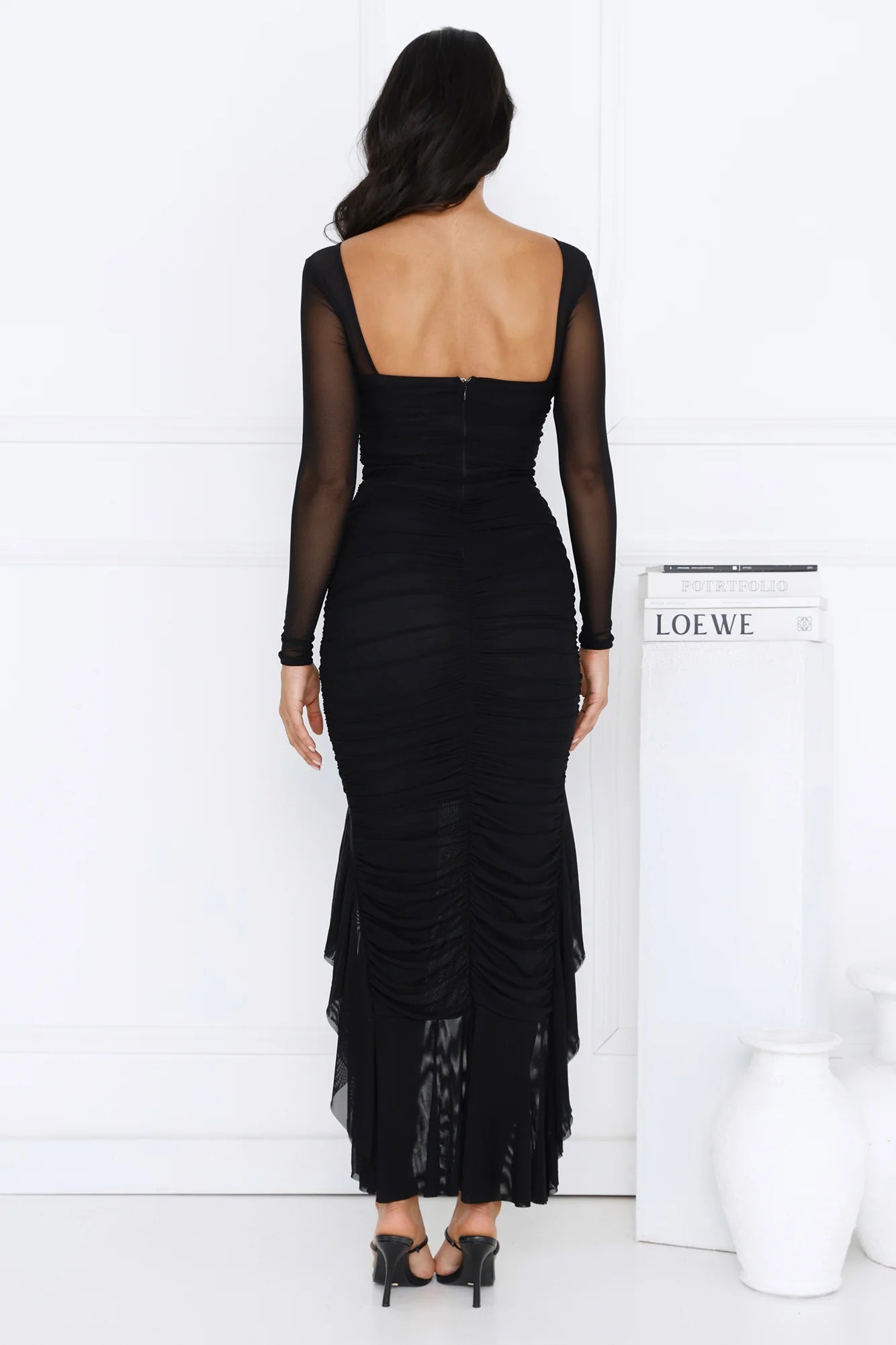 Fashion Exhibition Long Sleeve Mesh Maxi Dress Black