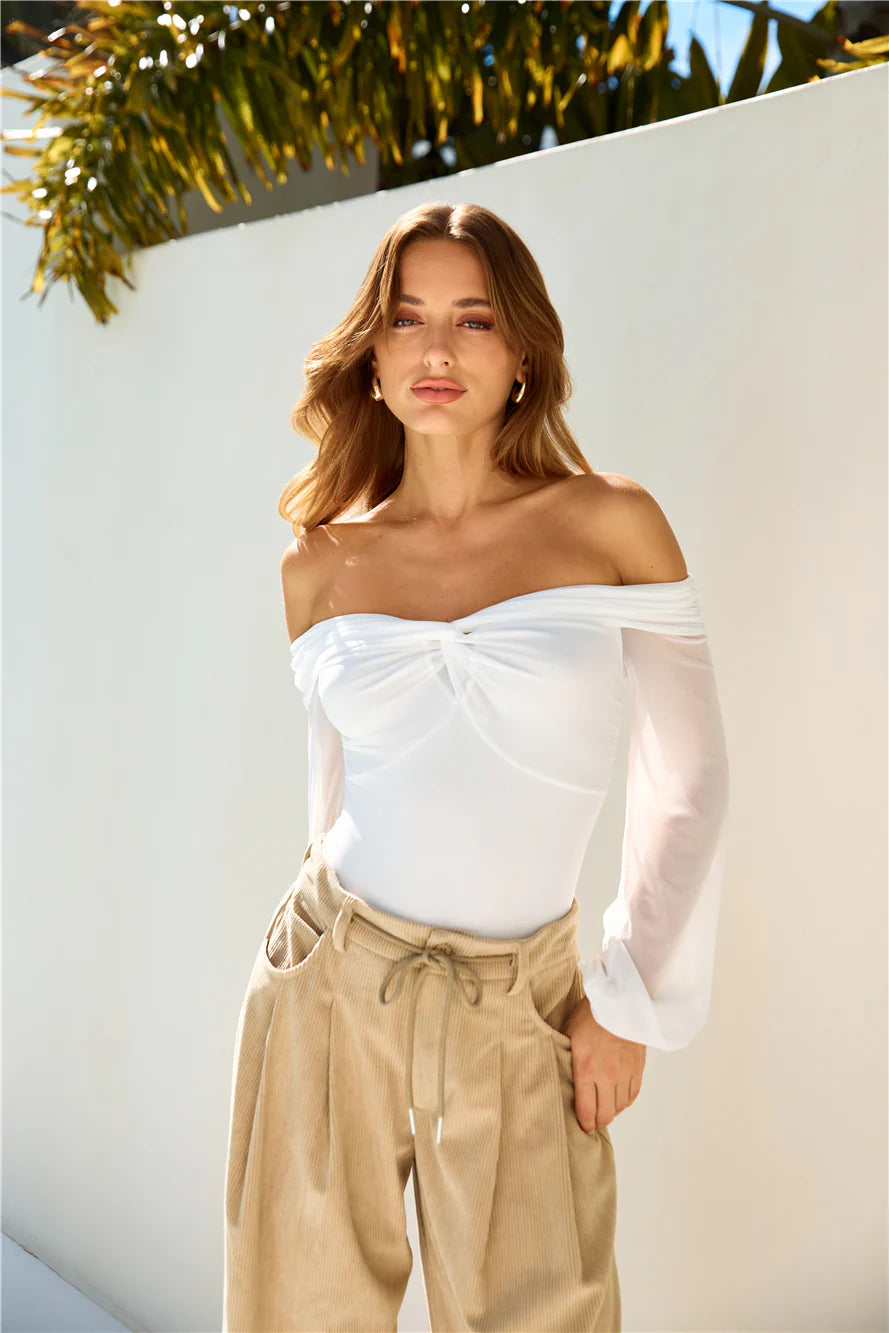 Fashionably Late Off Shoulder Mesh Bodysuit White