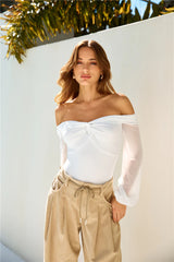 Fashionably Late Off Shoulder Mesh Bodysuit White