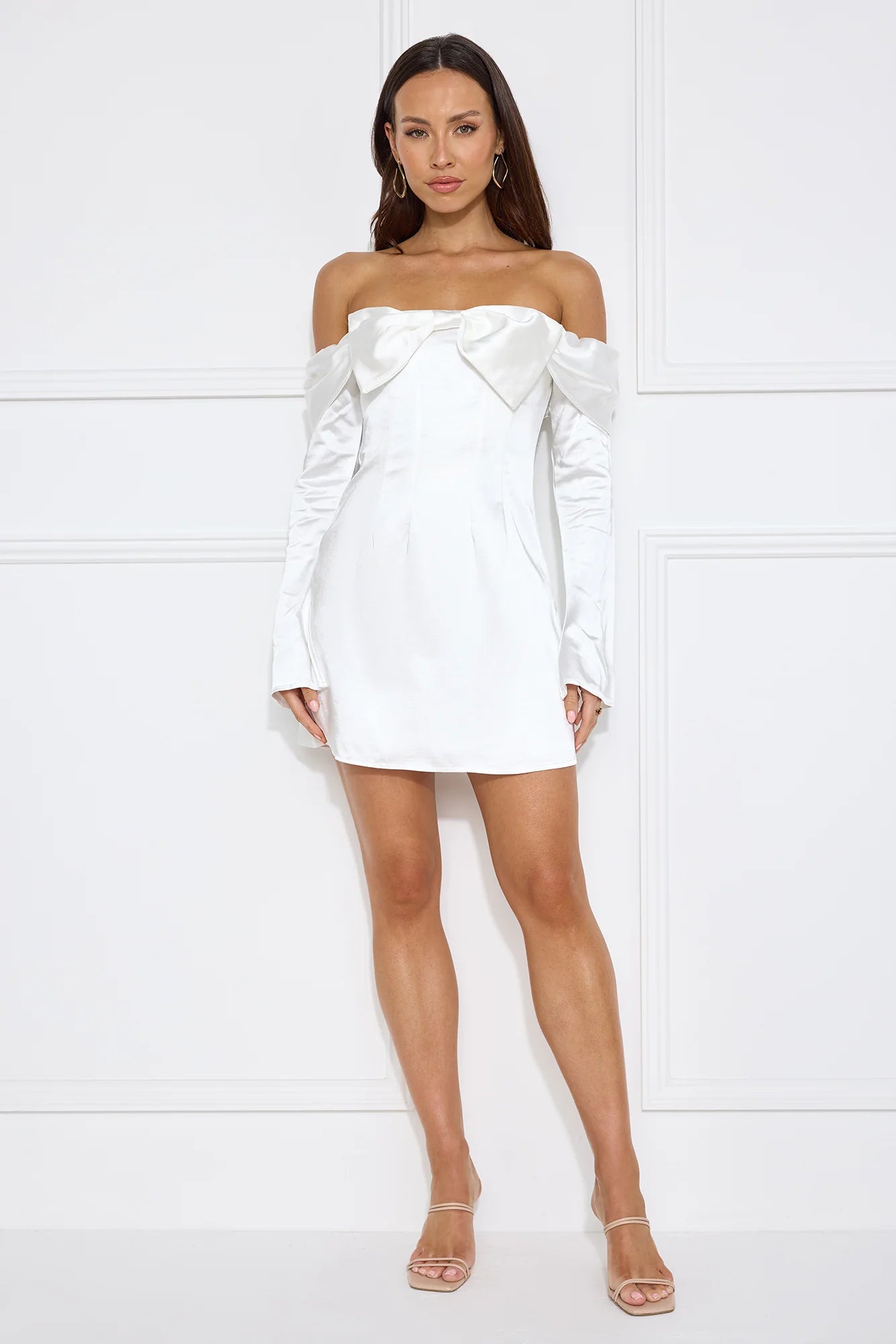 Delicacy Bow Satin Off Shoulder Mini Dress White