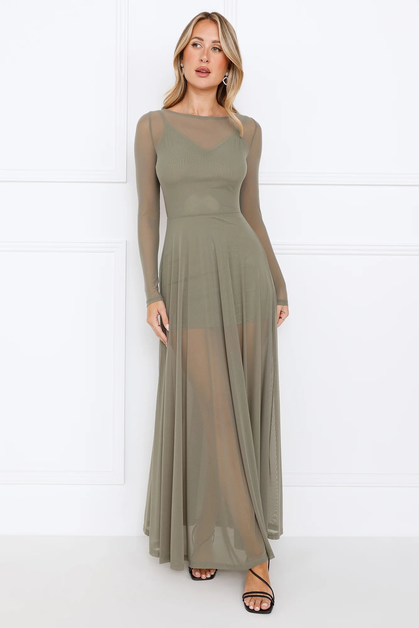 Champagne Streams Mesh Maxi Dress Olive
