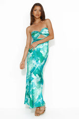 Color Bloom Strapless Satin Maxi Dress Green