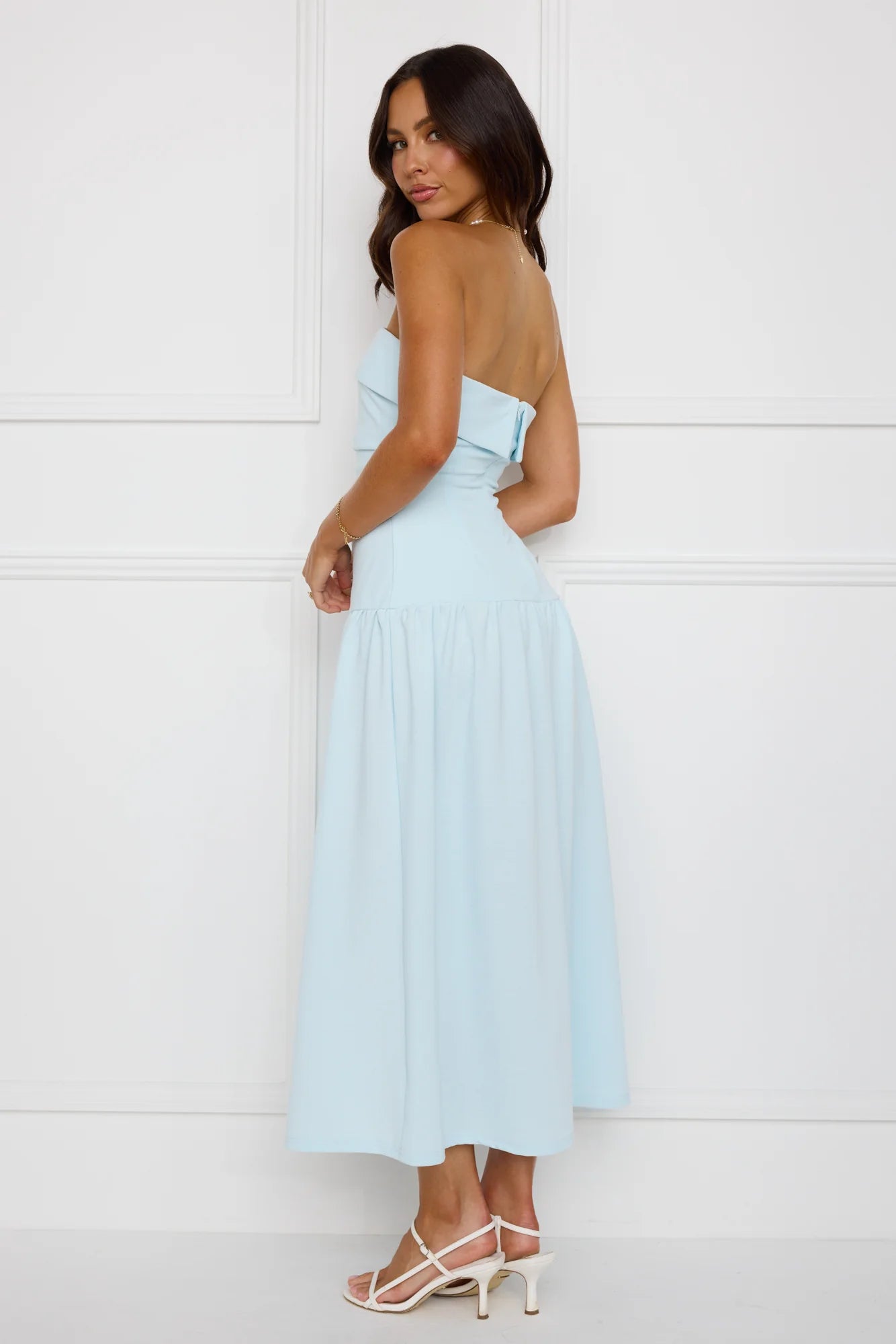 Effortlessly Posh Strapless Midi Dress Blue