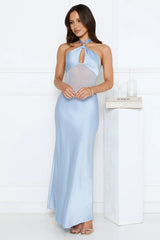 Formal Statement Halter Satin Maxi Dress Blue