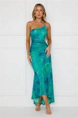 Fabulous Vibe One Shoulder Mesh Maxi Dress Green