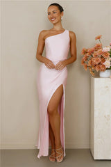 The Aurora One Shoulder Satin Maxi Dress Pink