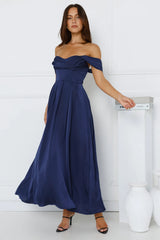 Golden Affair Off Shoulder Satin Maxi Dress Navy