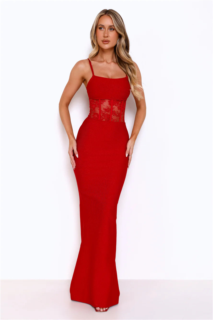 Eyes On The Prize Bandage Glitter Maxi Dress Red