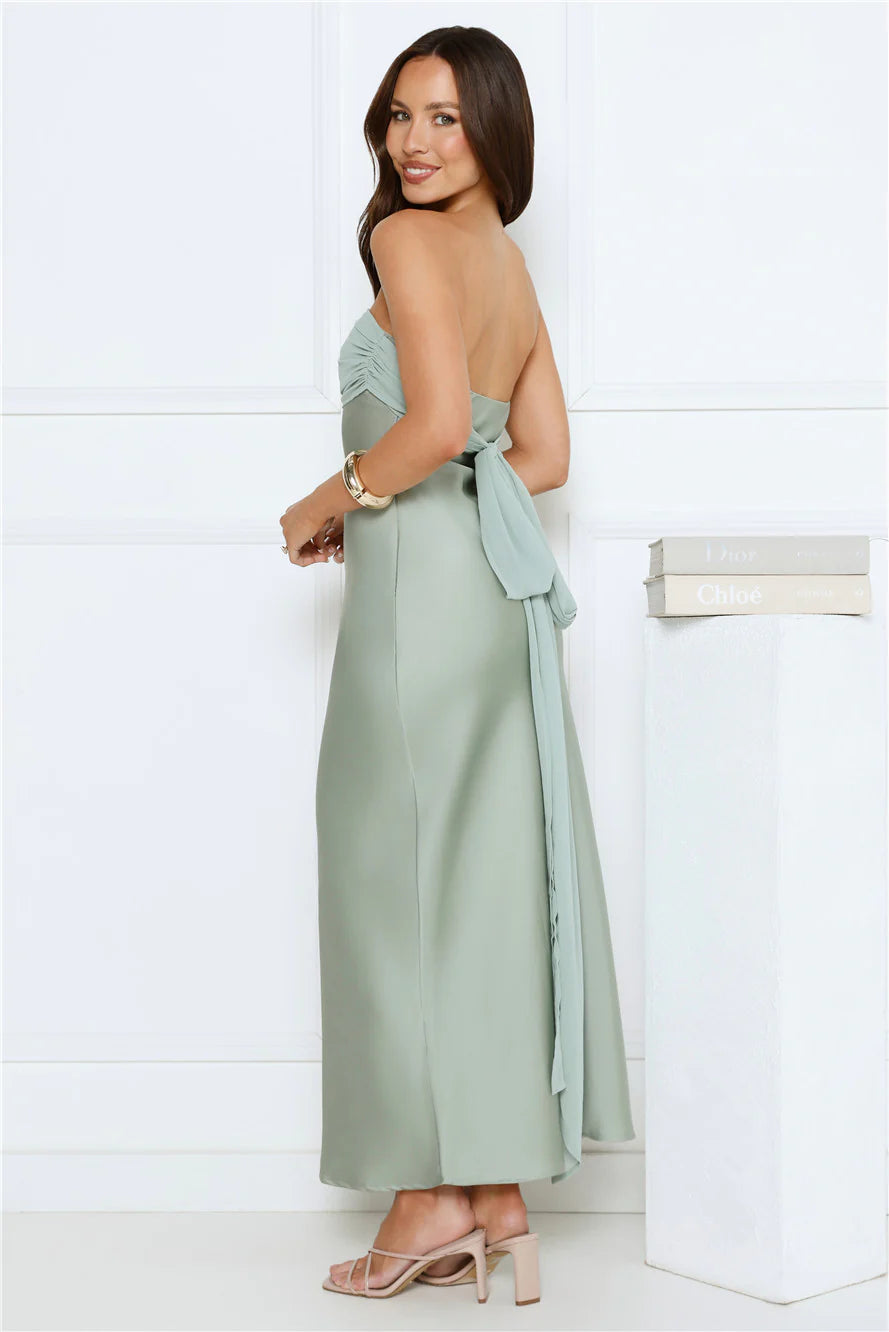 Every Love Song Satin Strapless Maxi Dress Sage