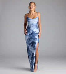Isa Floral Cowl Neck Slit Formal Dress