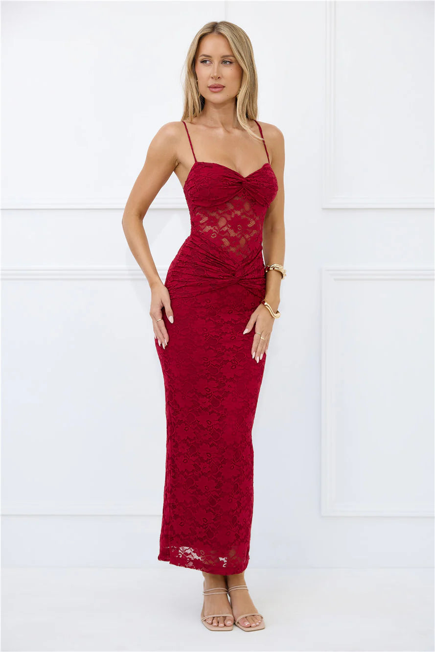 Chic After Dark Lace Maxi Dress Burgundy