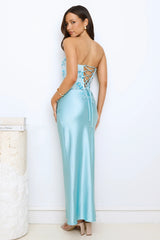 Dazzle On Demand Strapless Satin Maxi Dress Blue