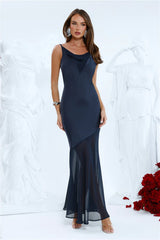 Elegant Simplicity Satin Maxi Dress Navy