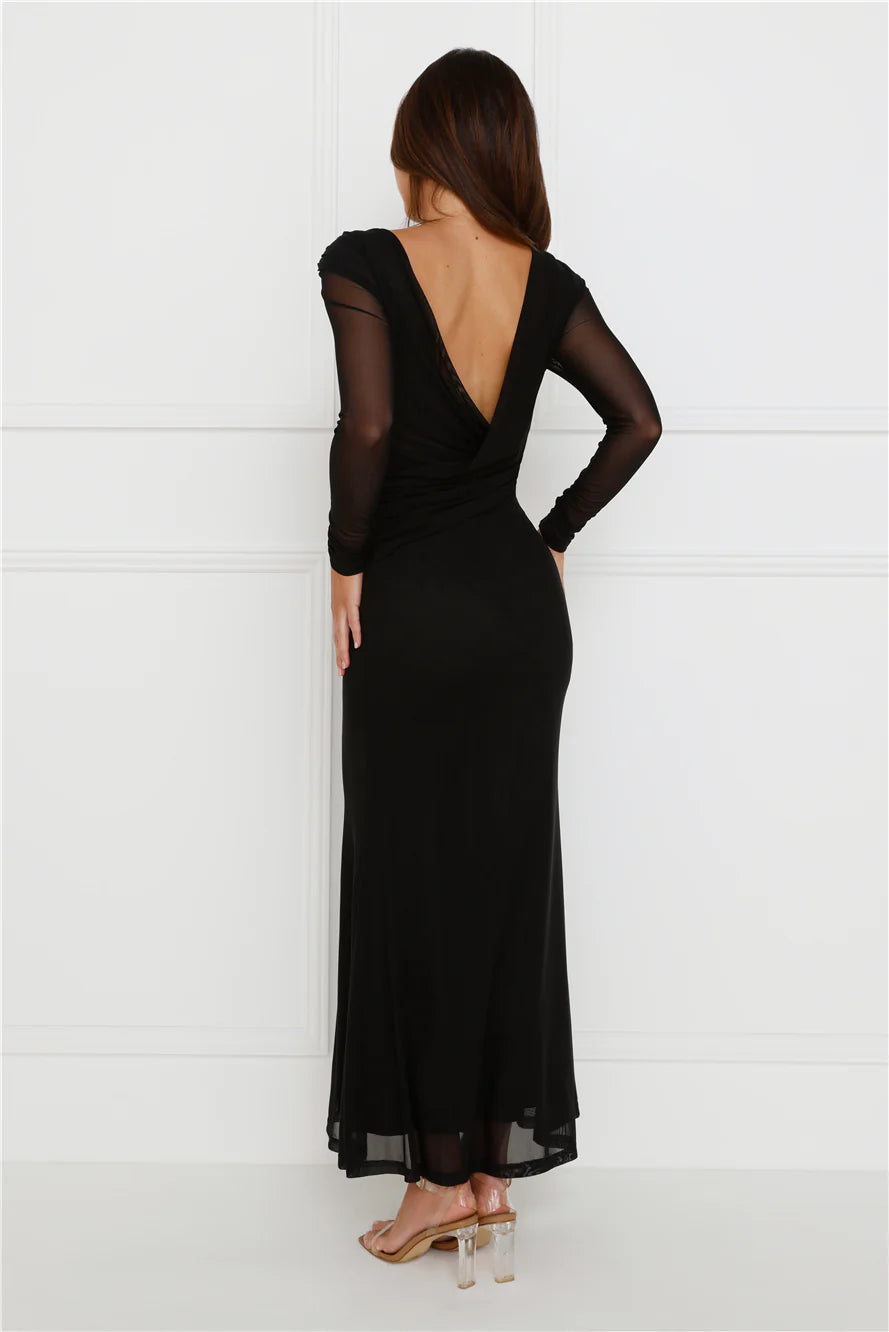Whimsy Wonder Long Sleeve Mesh Maxi Dress Black