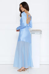 Exquisite Luxury Satin Long Sleeve Maxi Dress Blue