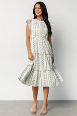 Frida Embroidered Midi Dress | White + Green Print