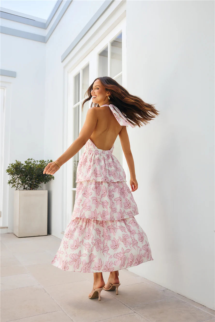 Fancy Garden Party Halter Plisse Maxi Dress Pink