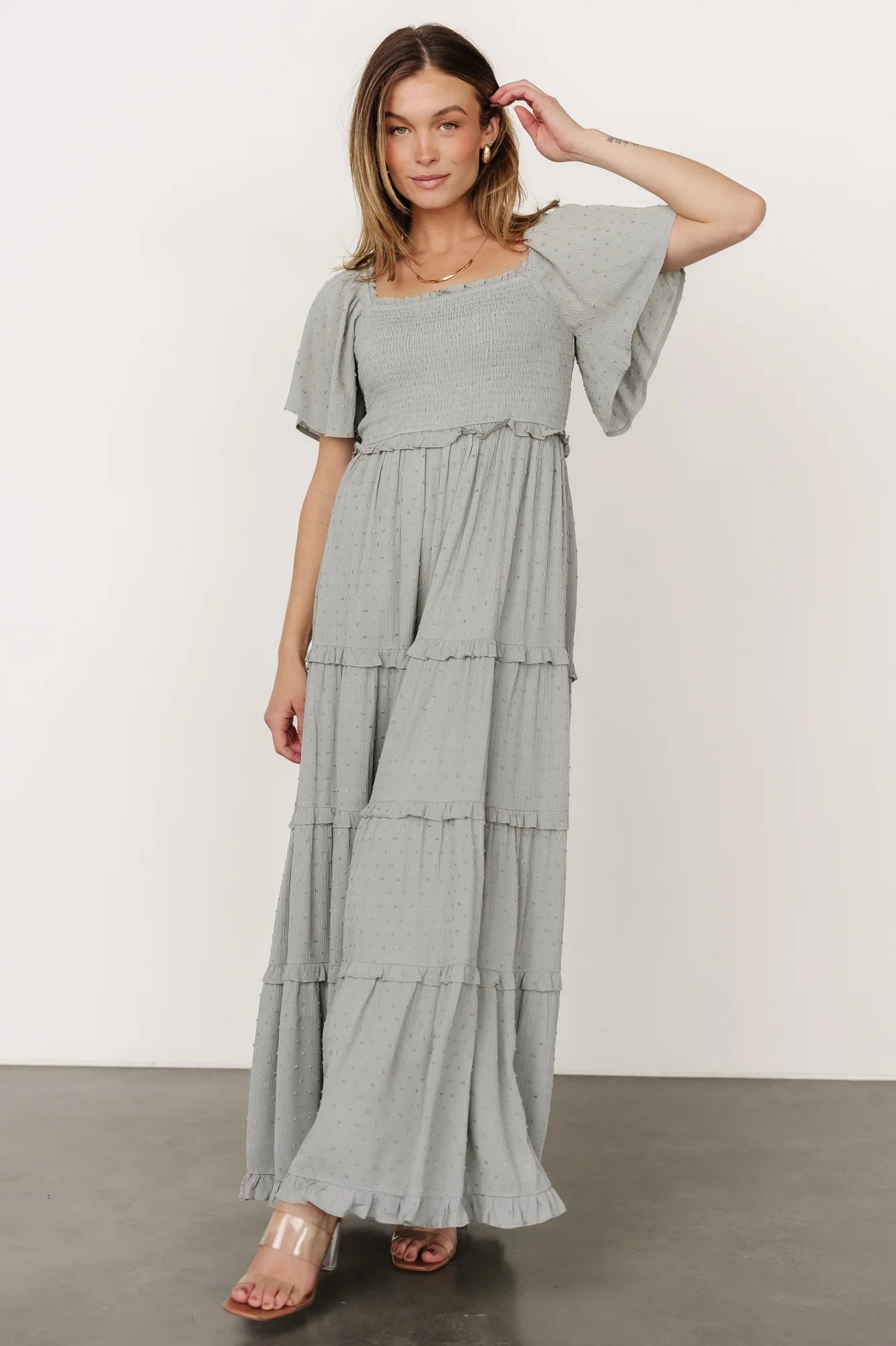 Lenora Smocked Dotted Maxi Dress | Sage
