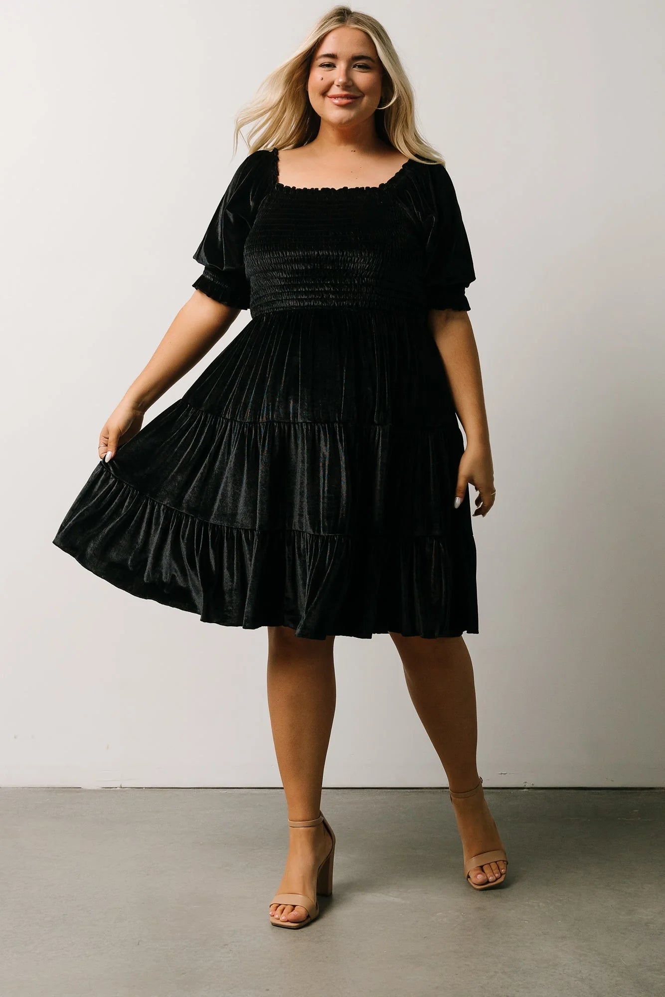 Bliss Smocked Velvet Short Dress | Black