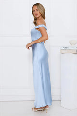 Formal Hourglass Off Shoulder Satin Maxi Dress Blue