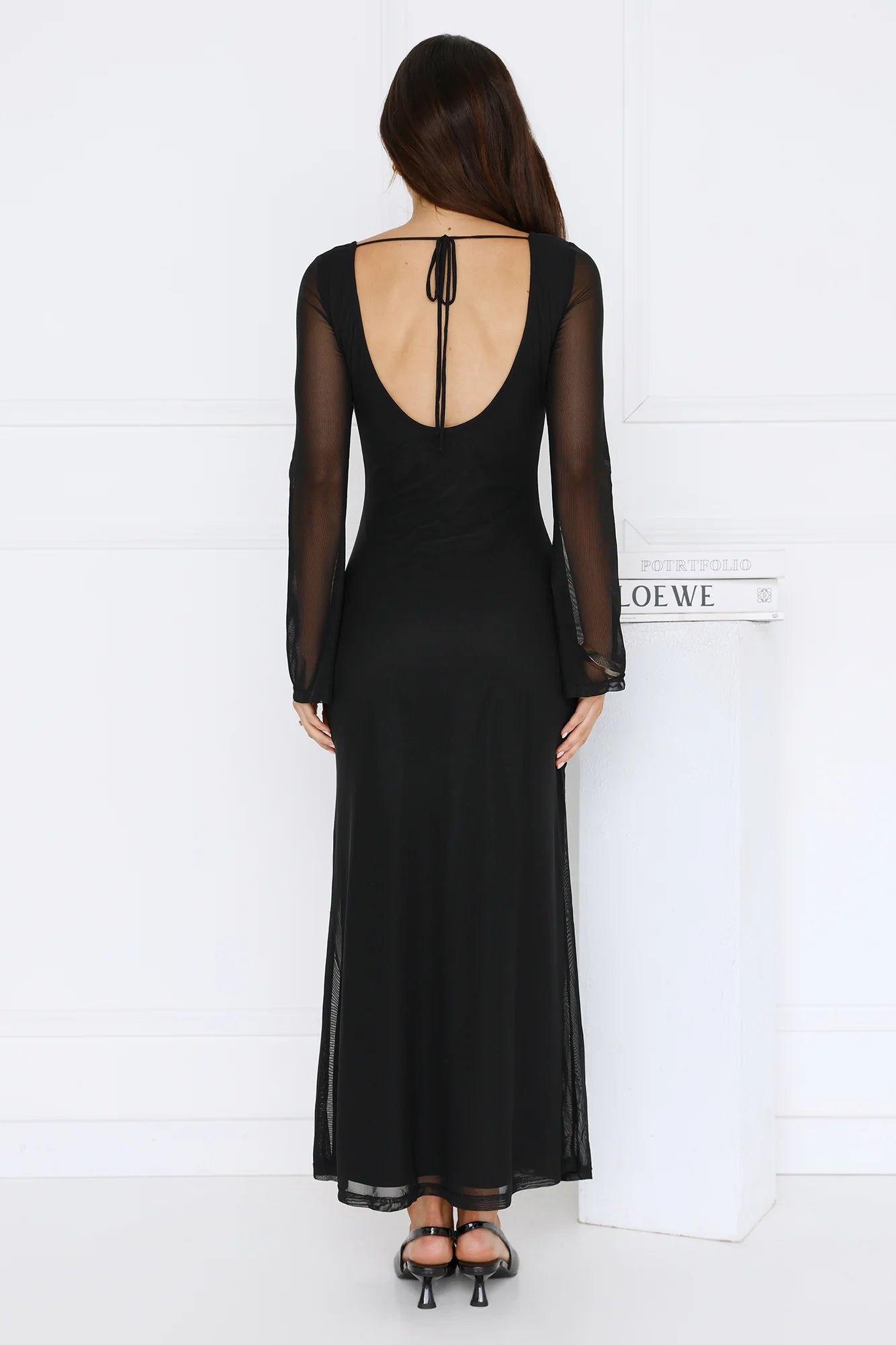 Golden Flower Mesh Long Sleeve Maxi Dress Black