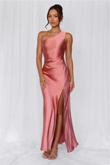 The Aurora One Shoulder Satin Maxi Dress Rose