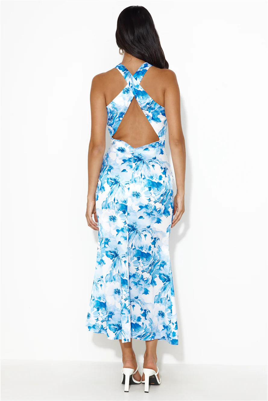 Beauty Of Fiji Satin Maxi Dress Blue