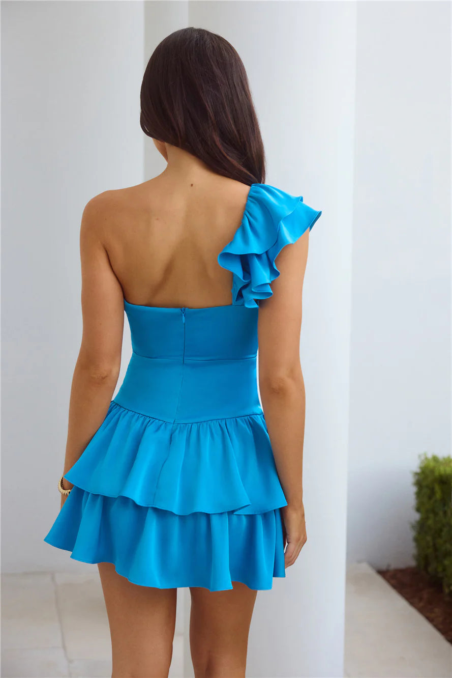 Dazzle Me One Shoulder Satin Mini Dress Blue