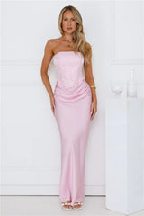 Dressed To Dazzle Strapless Satin Maxi Dress Pink