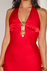 Gold Romance Halter Satin Maxi Dress Red