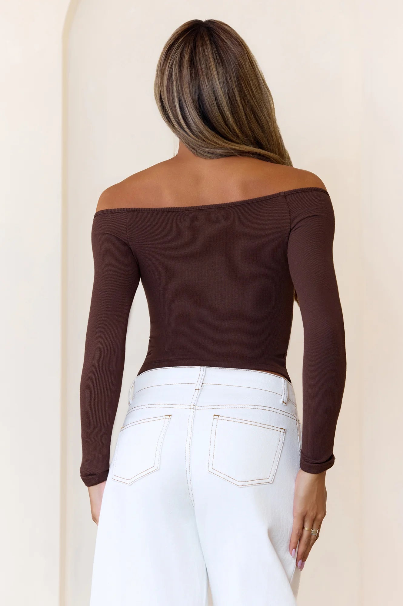 BASE Luxe Rib Pure Comfort Off Shoulder Long Sleeve Top Chocolate
