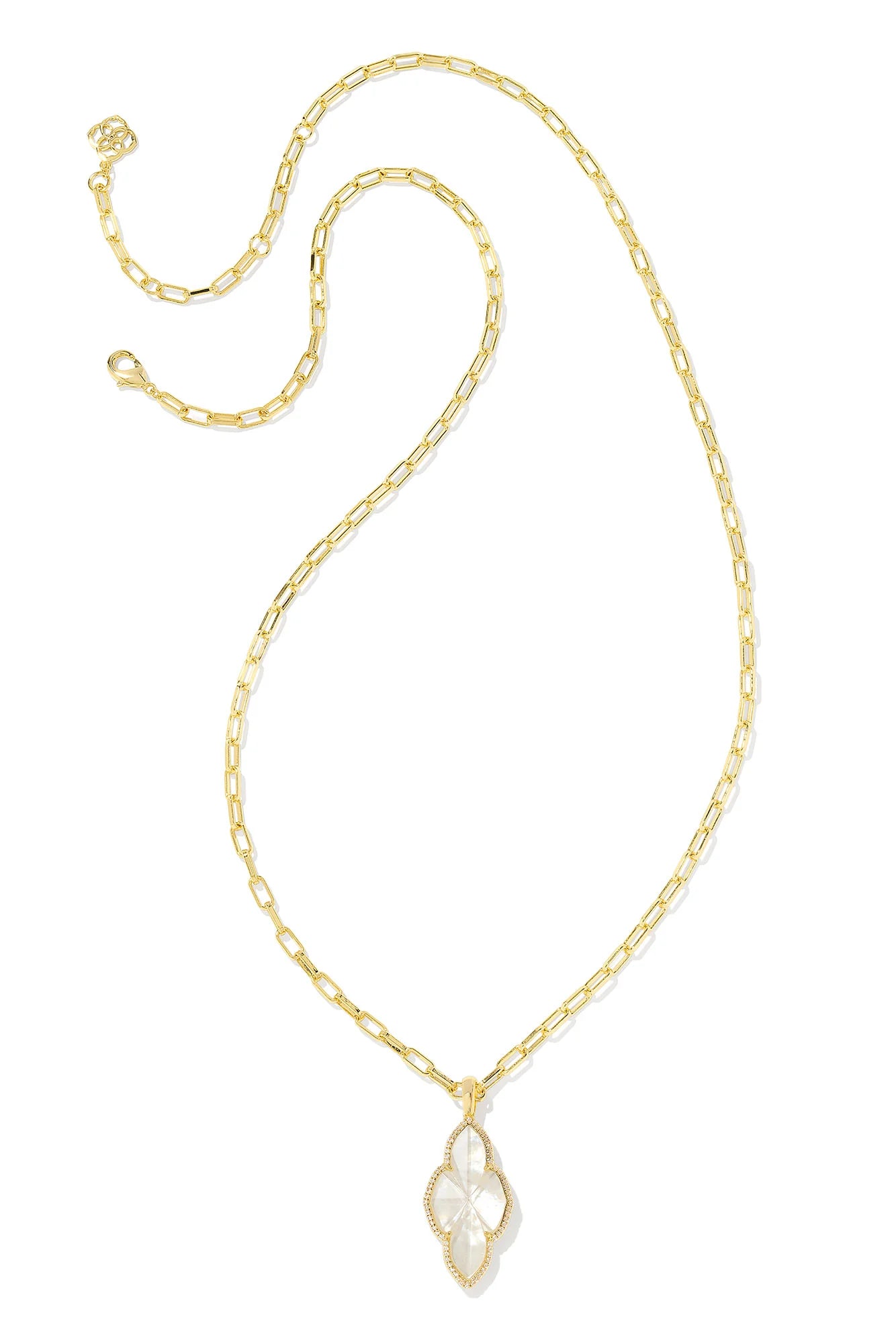 Abbie Gold Pave Frame Large Long Pendant Necklace Ivory Mother Of Pearl