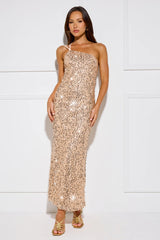 Glittering Gaze Sequin One Shoulder Maxi Dress Gold