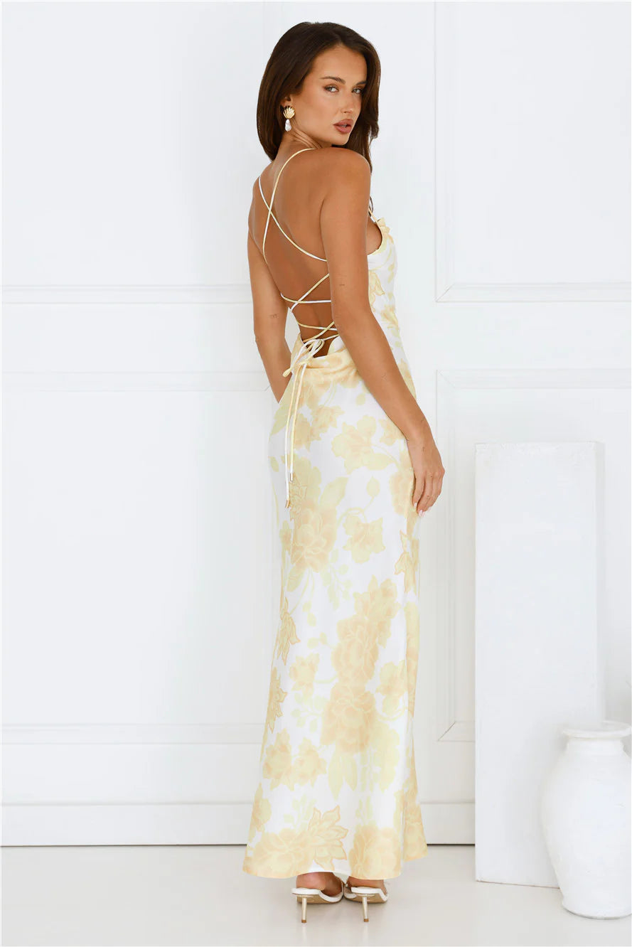 Floral Dreaming Satin Maxi Dress Yellow