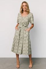 Lyla Midi Dress | White + Olive Print