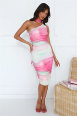 Clubbing Night One Shoulder Mesh Midi Dress Pink