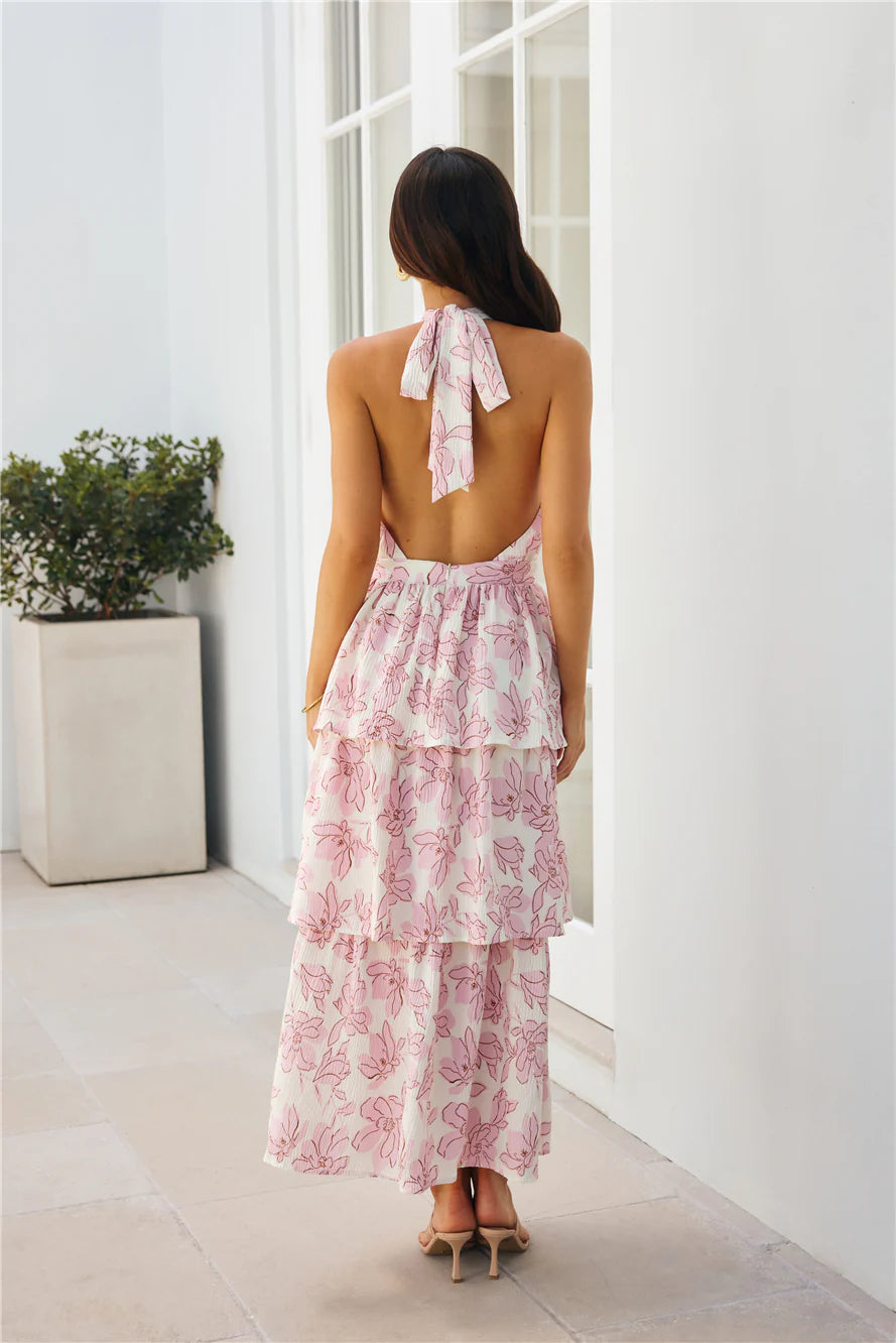 Fancy Garden Party Halter Plisse Maxi Dress Pink
