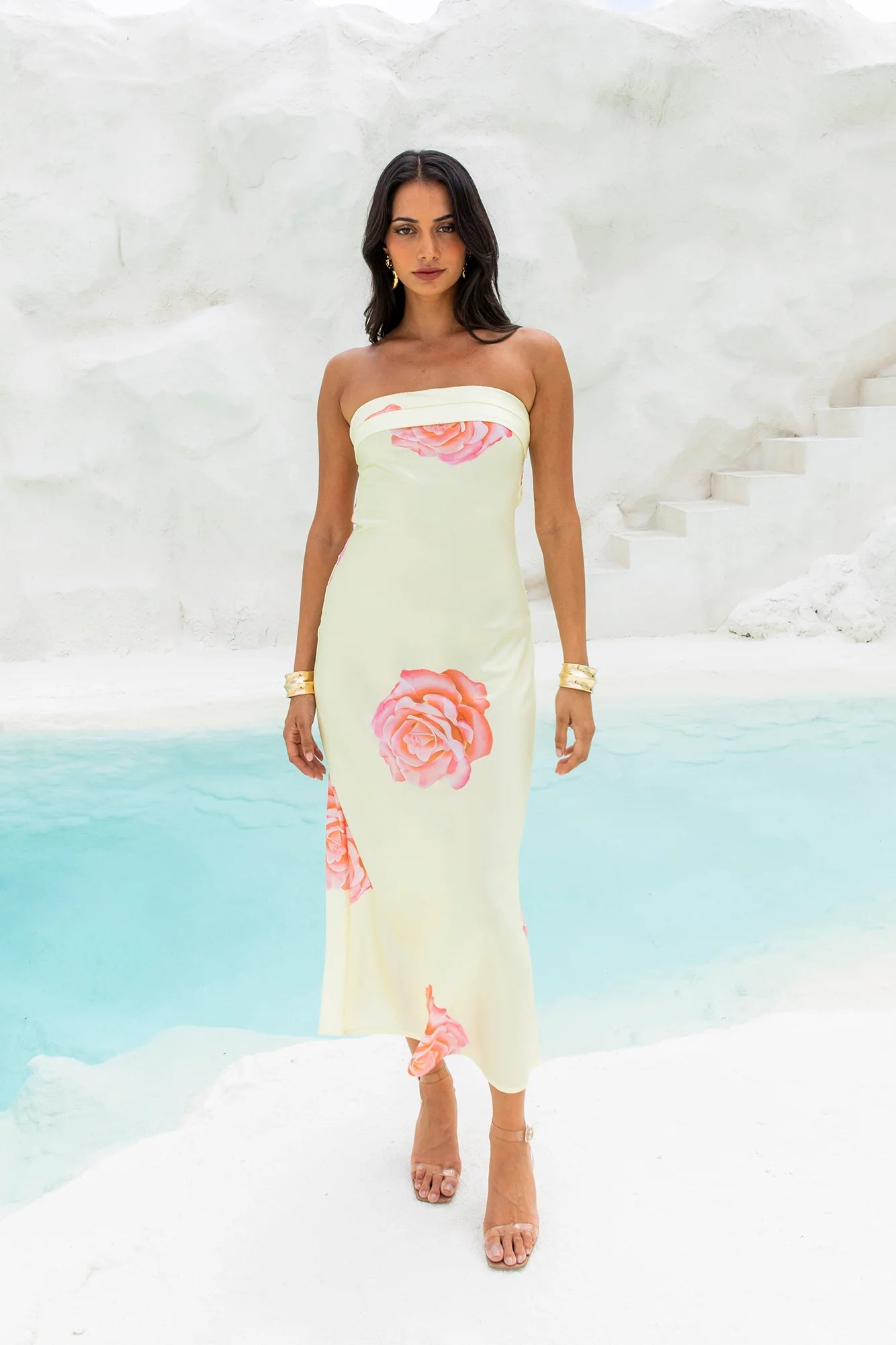 Enchanting Stories Strapless Satin Maxi Dress Yellow