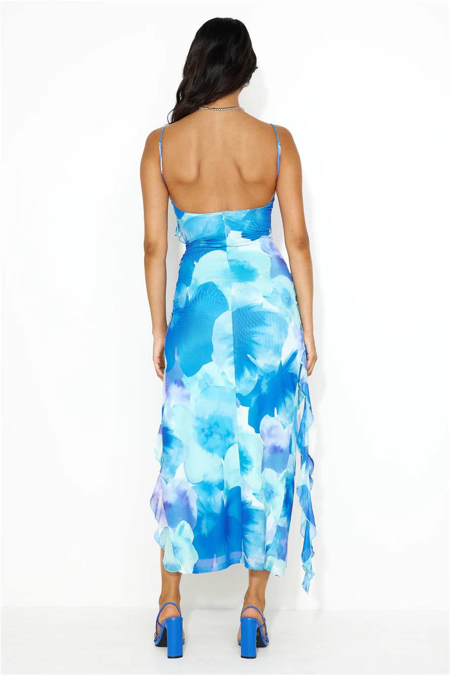 Glad We Met Mesh Frills Maxi Dress Blue