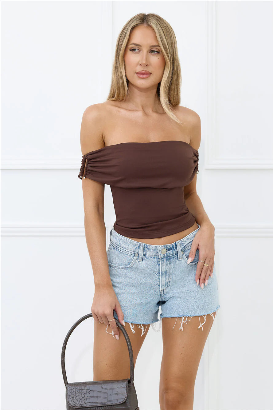 Elevated Minimal Off Shoulder Crop Top Brown