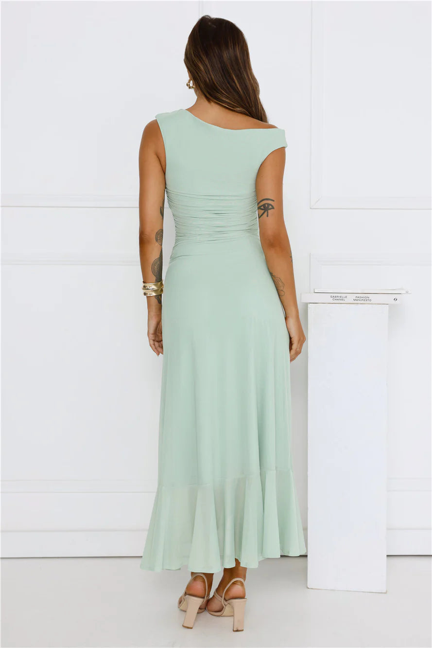 Effortless Girl Off Shoulder Mesh Midi Dress Sage