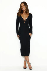 Cold Yet Stylish Long Sleeve Ribbed Midi Dress Black