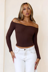 BASE Luxe Rib Pure Comfort Off Shoulder Long Sleeve Top Chocolate