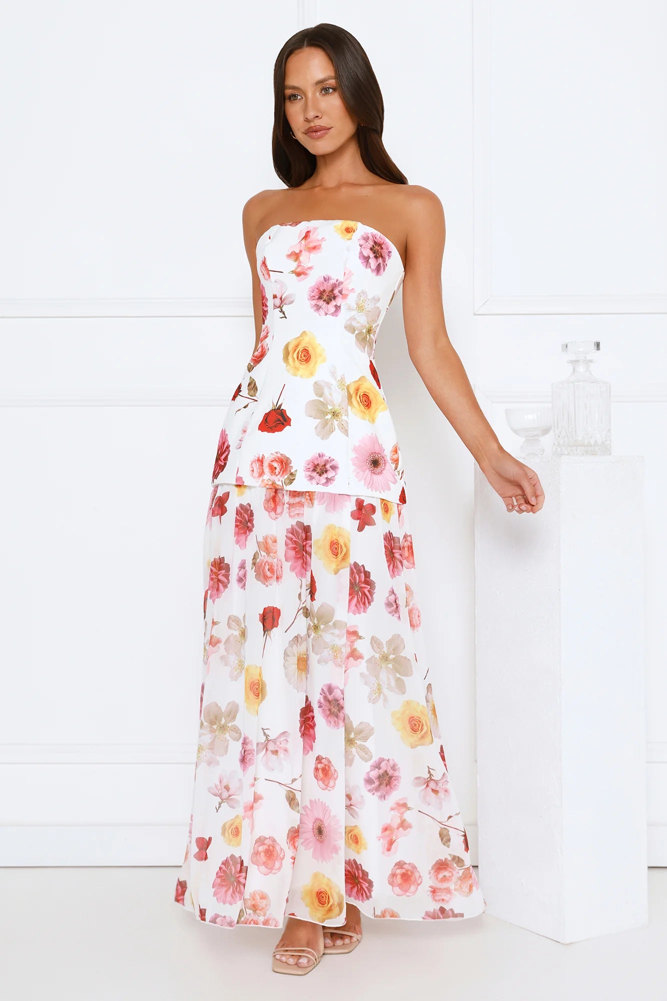 Floral Shine Strapless Maxi Dress White