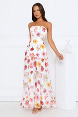 Floral Shine Strapless Maxi Dress White