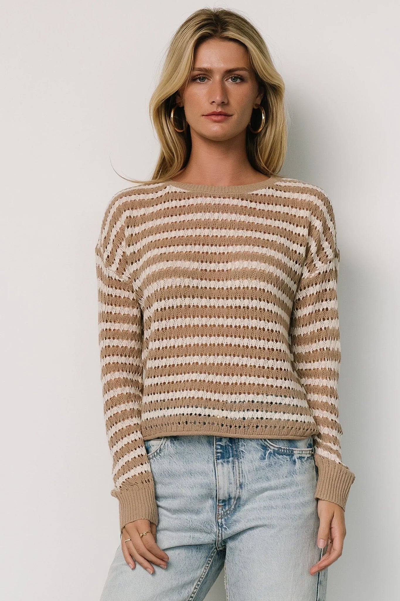 Dawn Open Knit Top | Taupe + Ivory