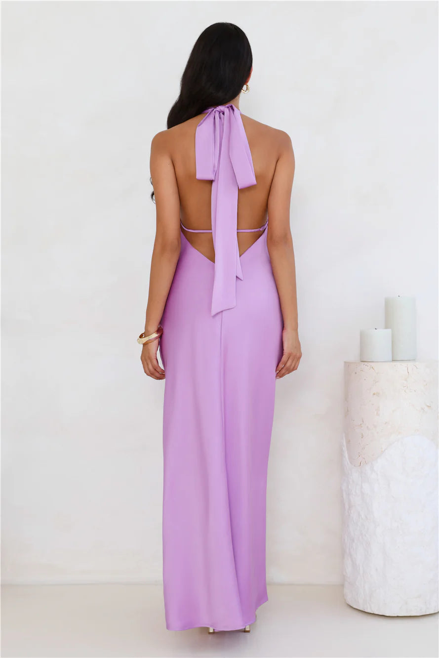 Delicate Dazzle Halter Satin Maxi Dress Purple